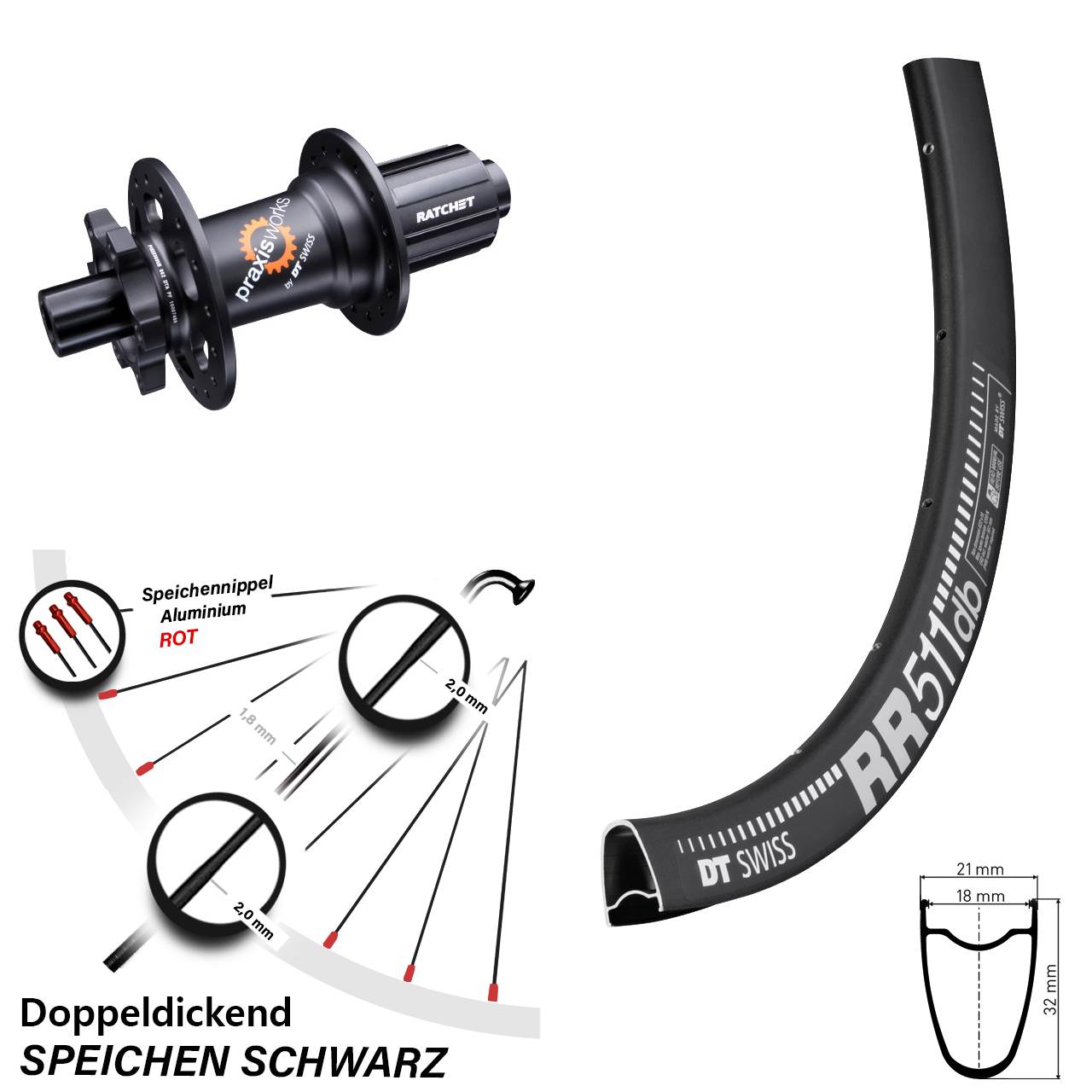 DT Swiss RR 511-350 28 Zoll 6-Loch Hinterrad 12x142 8-11 fach HG