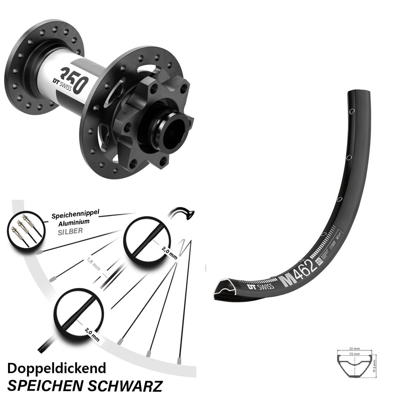 DT Swiss M 462 Vorderrad 27,5 Zoll mit 350 Boost 6-Loch 15x110 mm Nabe