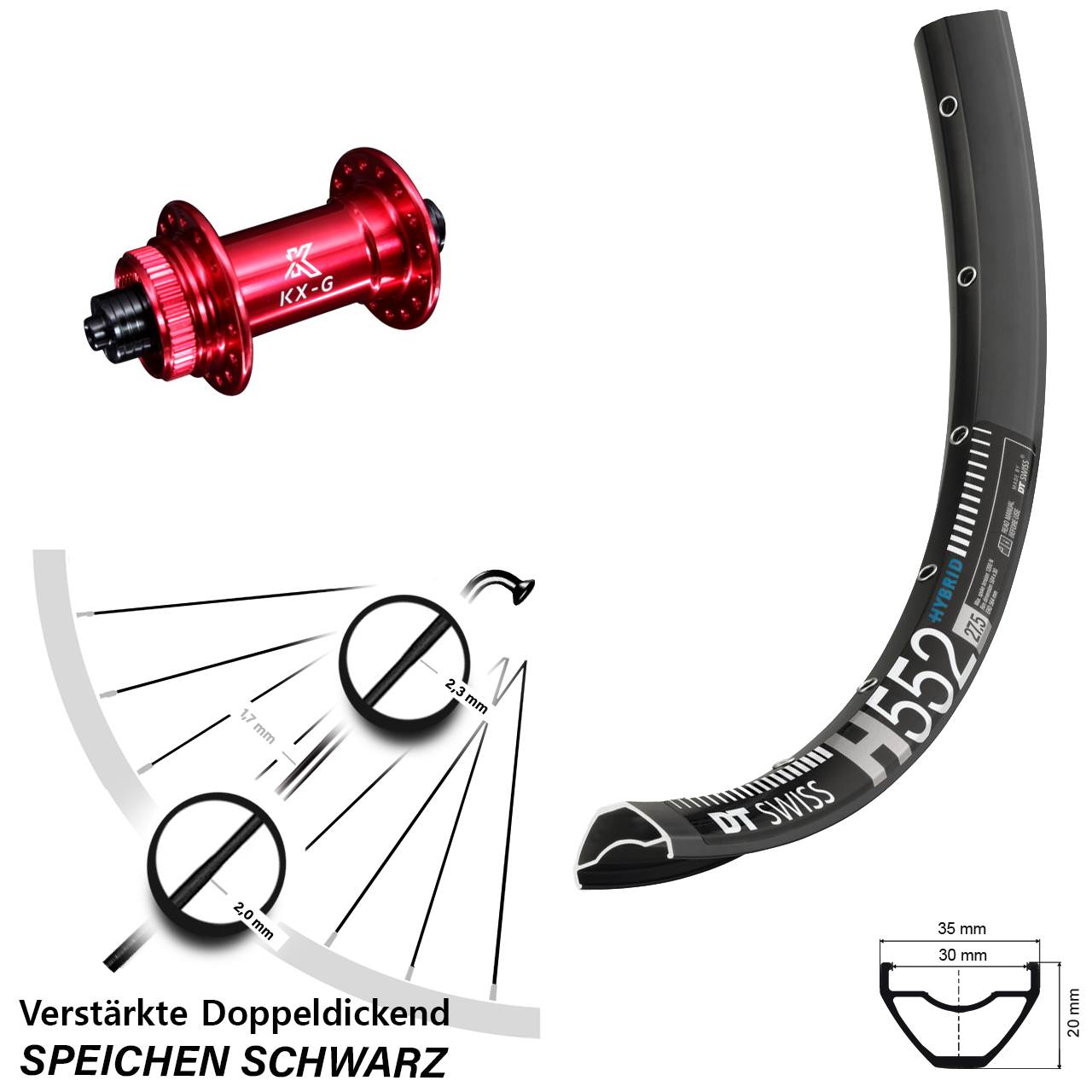 Vorderrad Centerlock QR 29 Zoll DT Swiss H 552 KX-G rot