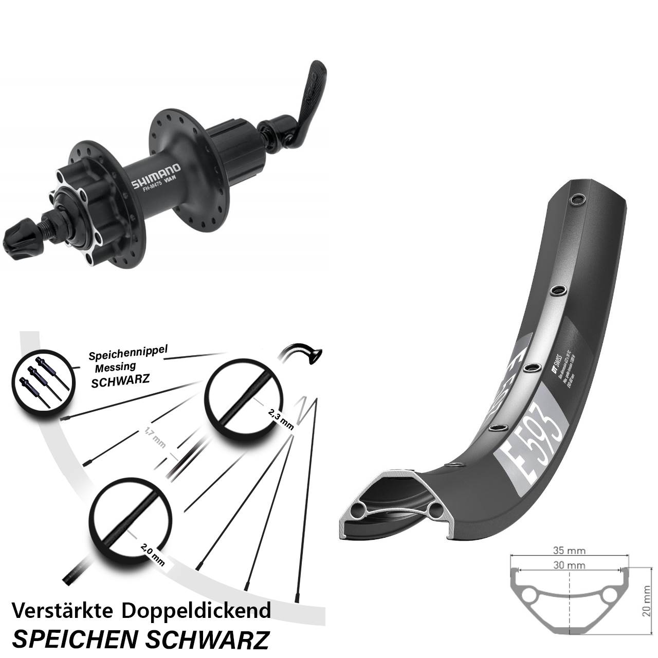 DT Swiss E593 Shimano FH-M475 29 Zoll Hinterrad 6-Loch für Schnellspanner 8-11 fach HG