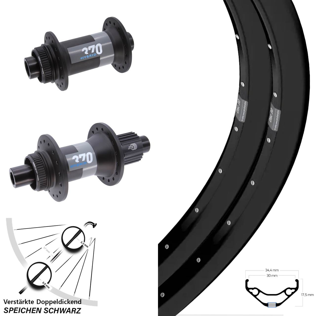 Ryde Disc 30 DT Swiss 370 Hybrid 29 Zoll Laufradsatz Disc 15x110 12x148 Micro Spline