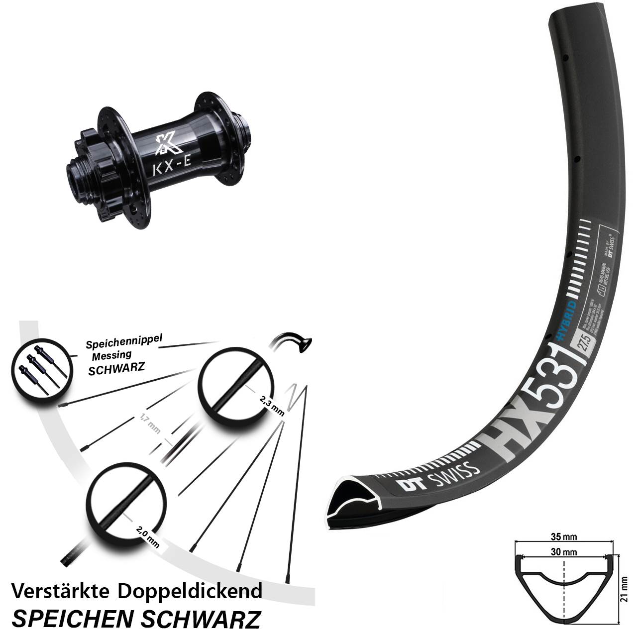 Vorderrad DT Swiss HX 531 Steckachse KX-E 15x100 mm 6-Loch verstärkt 29 Zoll E-Bike