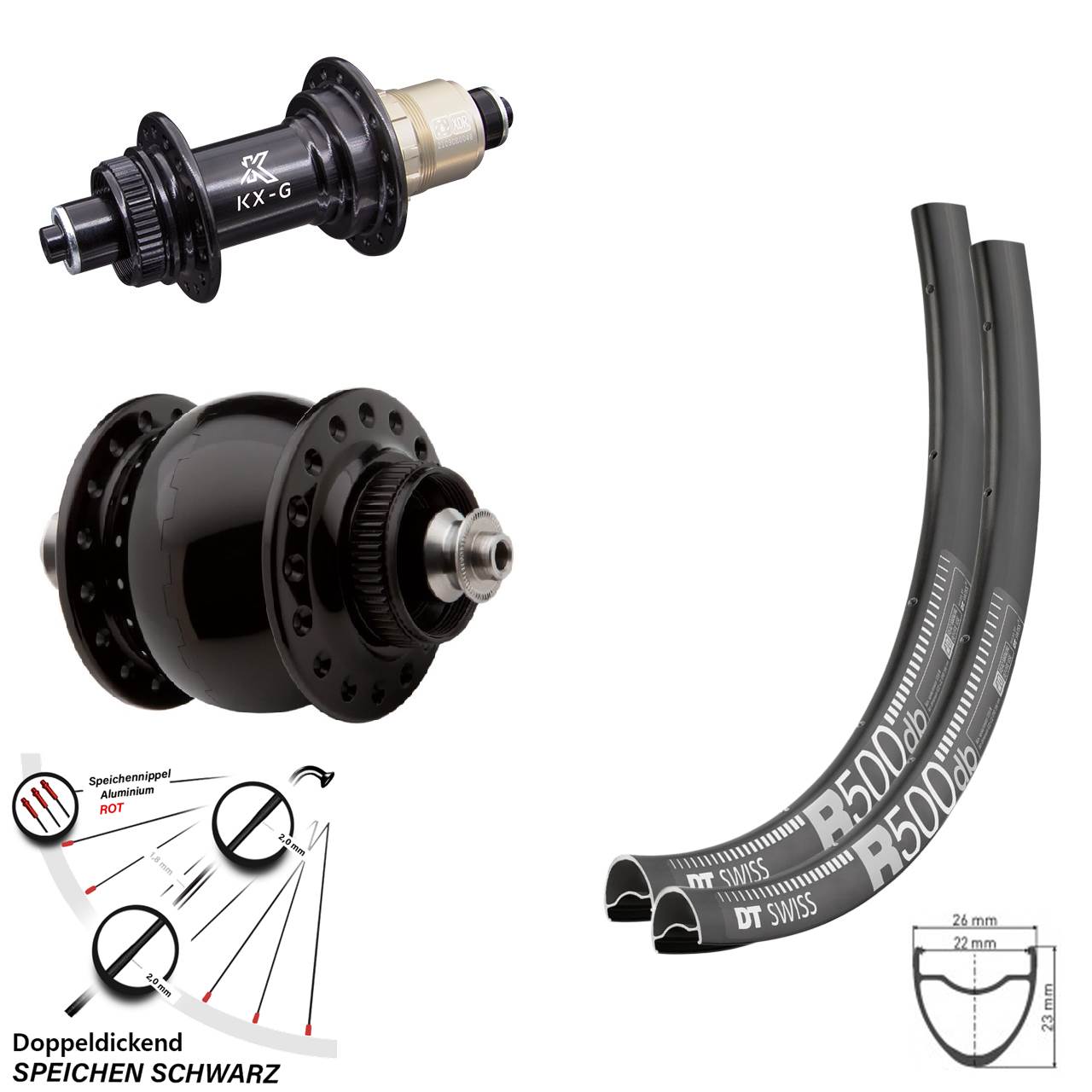 Laufradsatz Road Disc DT Swiss R 500 mit Nabe KX-G Sram XD-R Dynamo SON delux