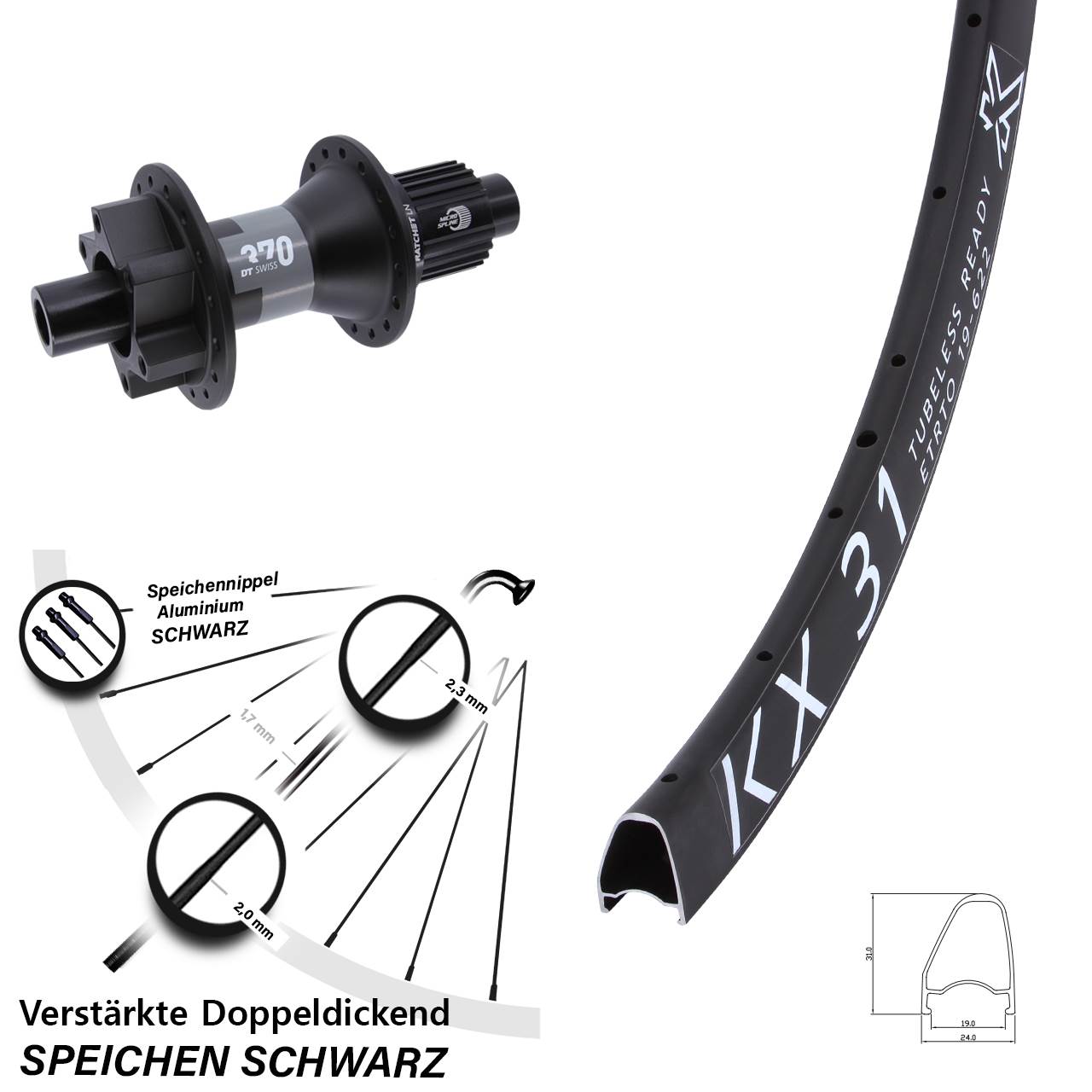 Hinterrad 6-Loch 28 Zoll KX31 OS DT Swiss 370 Shimano Micro Spline 12x142