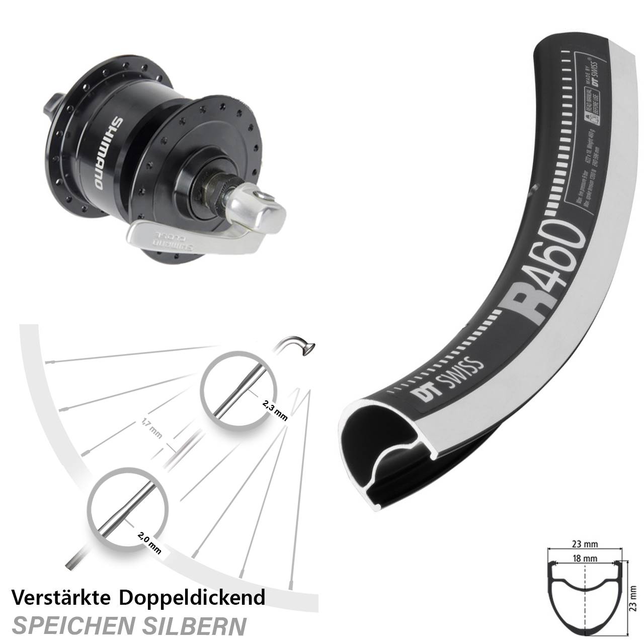 28 Zoll DT Swiss R 460 Shimano DH3N72 Dynamo-Vorderrad QR