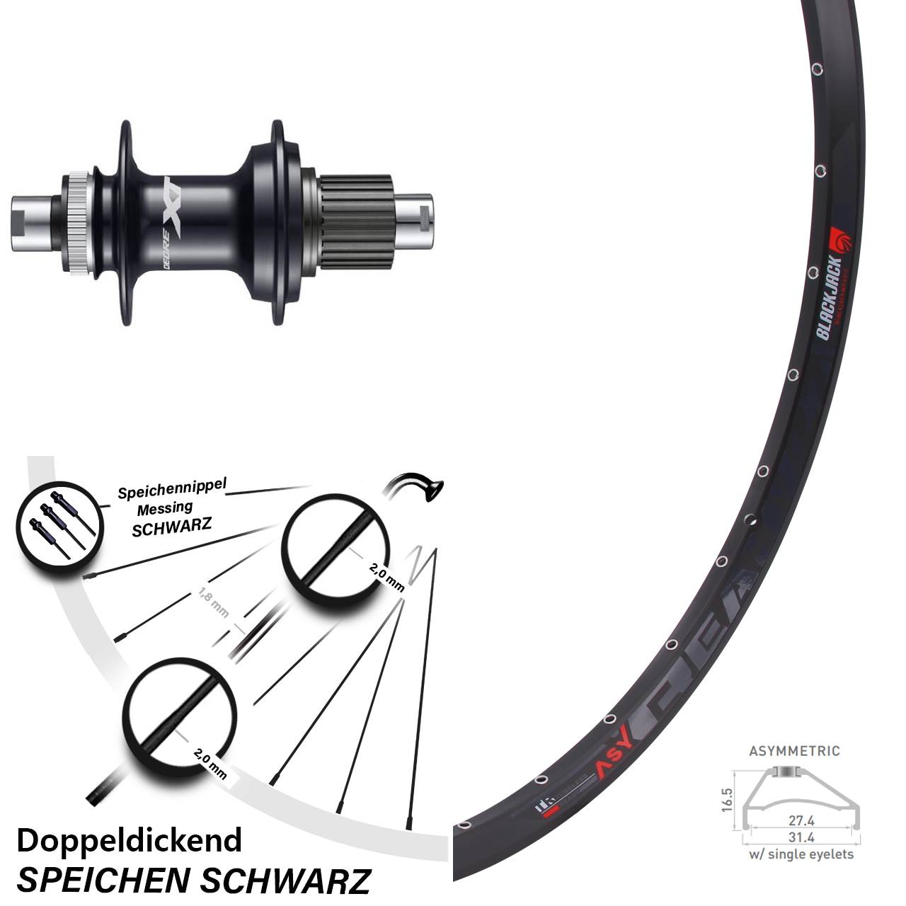 27,5 Zoll Hinterrad Rodi Ready 27 OS Shimano Deore XT Steckachse 12x142 mm