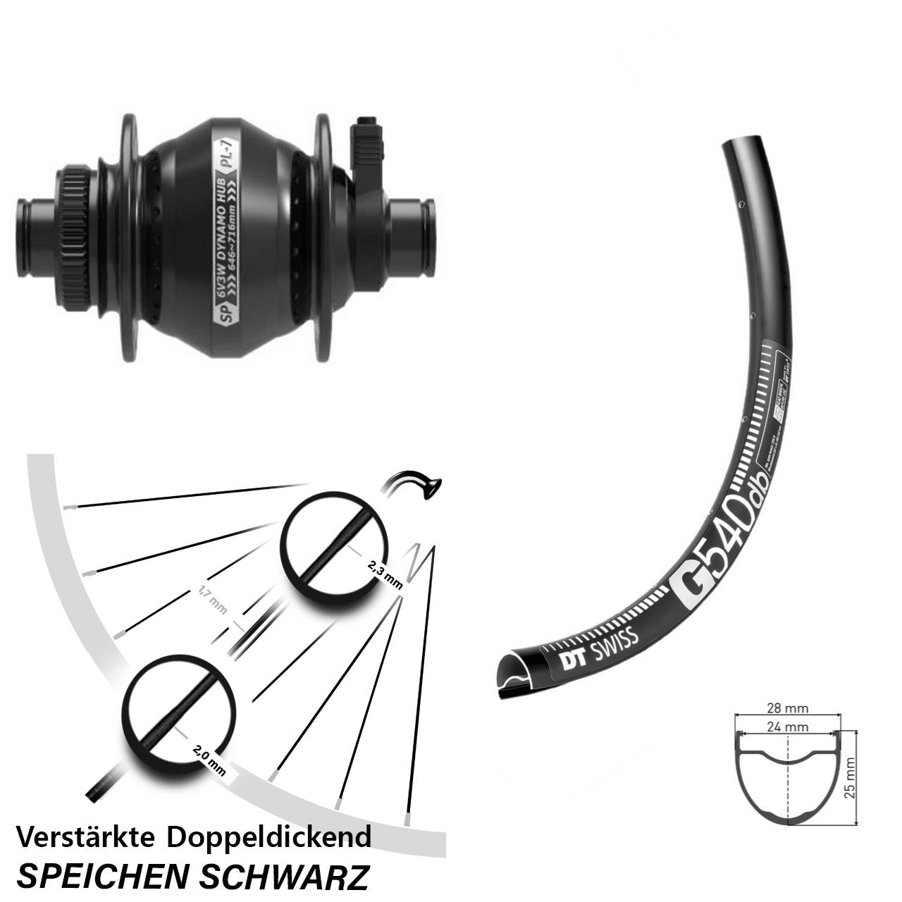 27,5 Zoll Nabendynamo Vorderrad DT Swiss G 540 Shutter Precision PL-7 Centerlock 12x100 mm