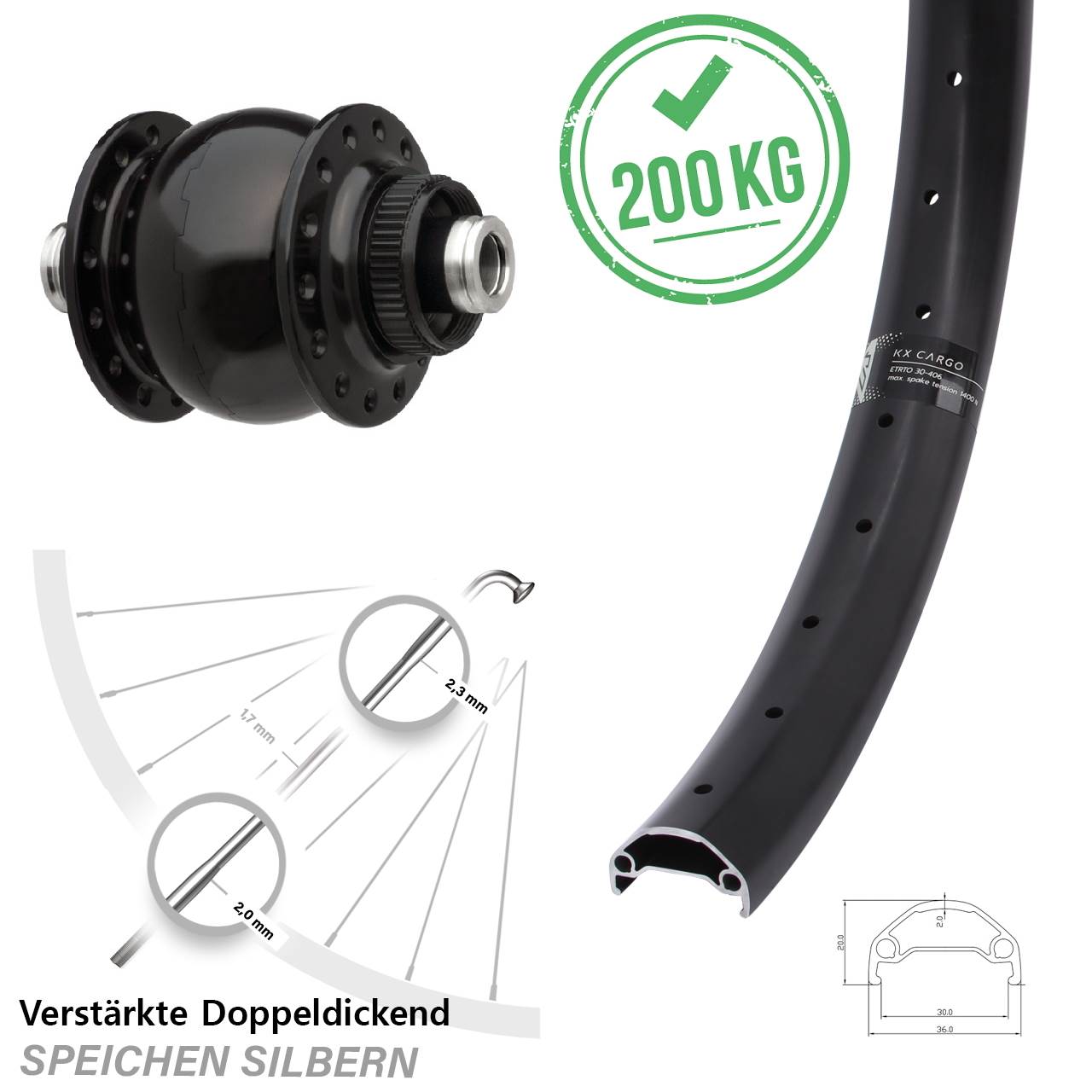 Vorderrad 20 Zoll KX Cargo SON 28 Nabendynamo Centerlock 12x100 mm