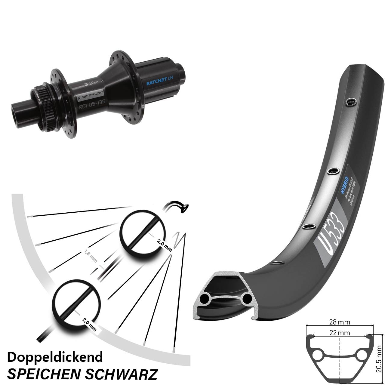 27,5 Zoll DT Swiss U533-370 Hybrid Centerlock Hinterrad 12x142 8-11 fach
