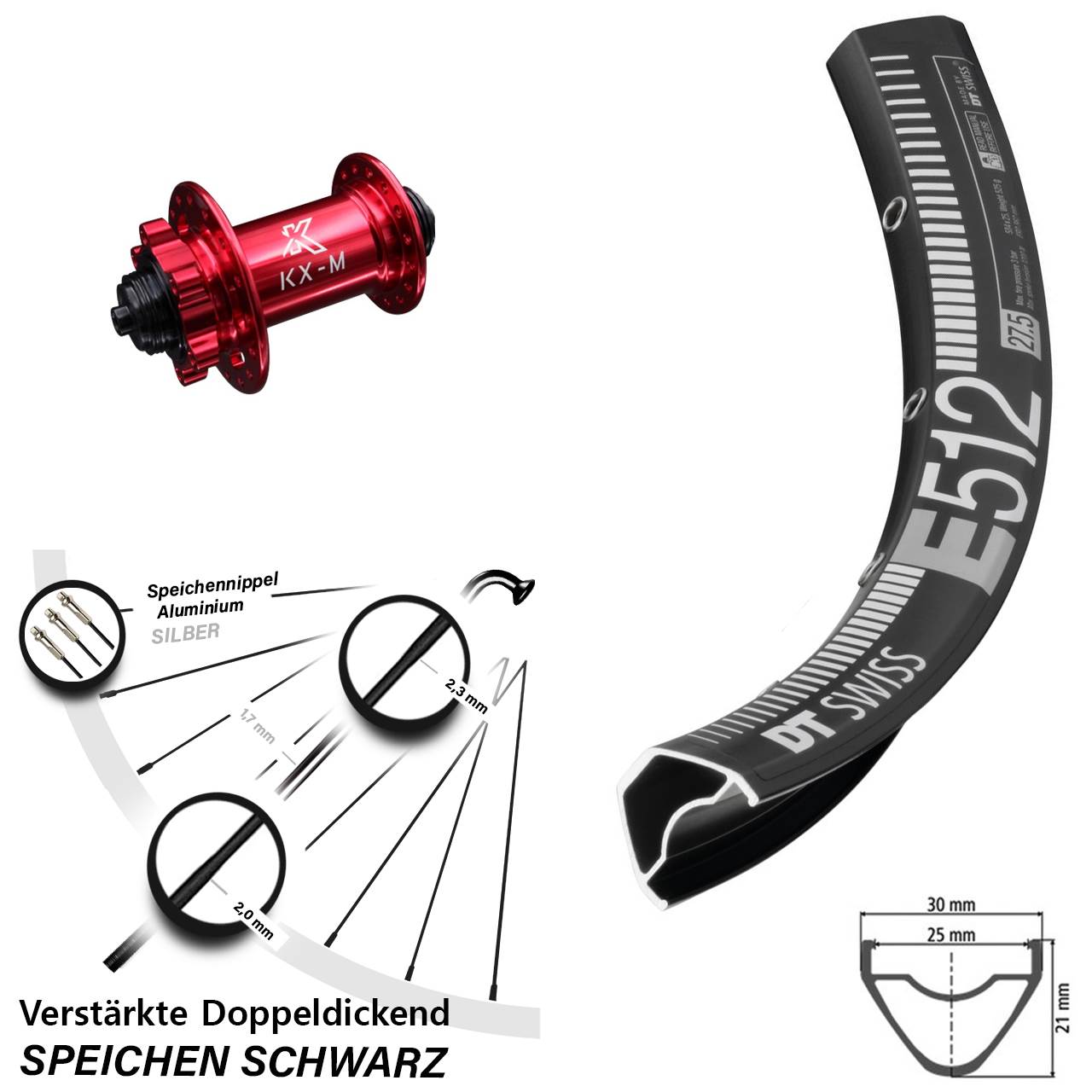 DT Swiss E 512 KX-M rot 27,5 Zoll Disc Laufrad für Schnellspanner