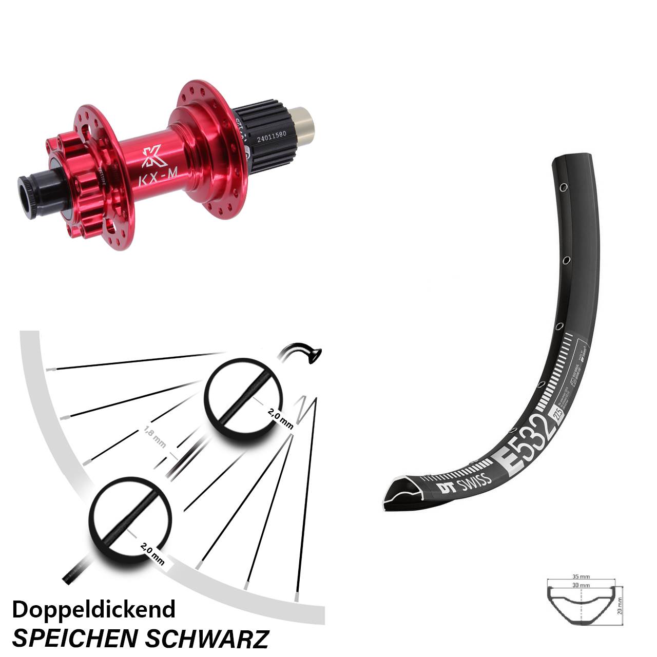 Disc Laufrad 12x142 29 Zoll DT Swiss E 532 KX-M rot Micro Spline