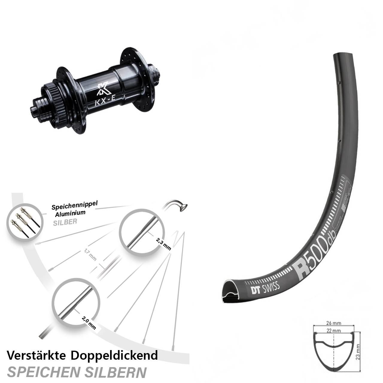 Road Disc DT Swiss R 500 Vorderrad 28 Zoll verstärkt mit KX-E Nabe 5x100 mm Centerlock