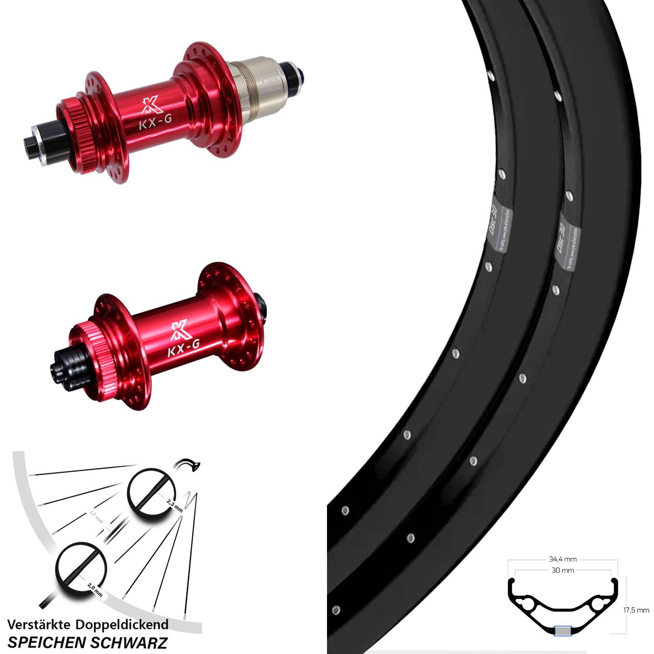 27,5 Zoll Ryde Disc 30 KX-G rot Centerlock Laufradsatz QR XDR