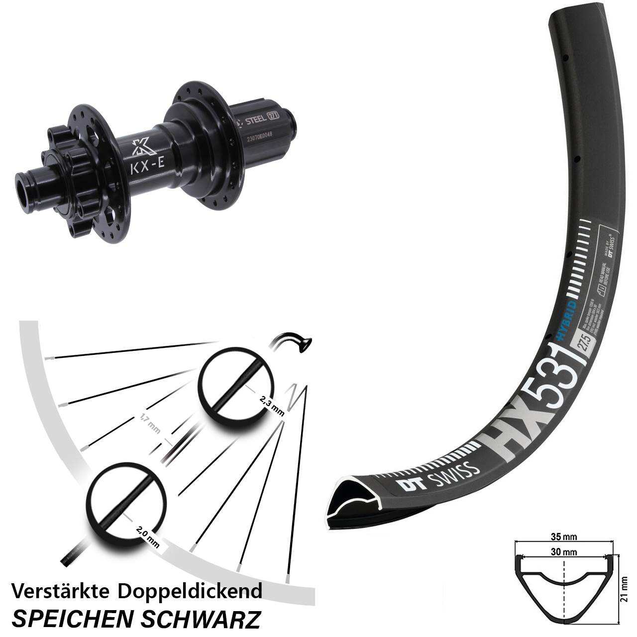 6-Loch Hinterrad 27,5 Zoll DT Swiss HX 531 KX-E Stahl Freilauf 8-12 fach HG 12x148 Boost