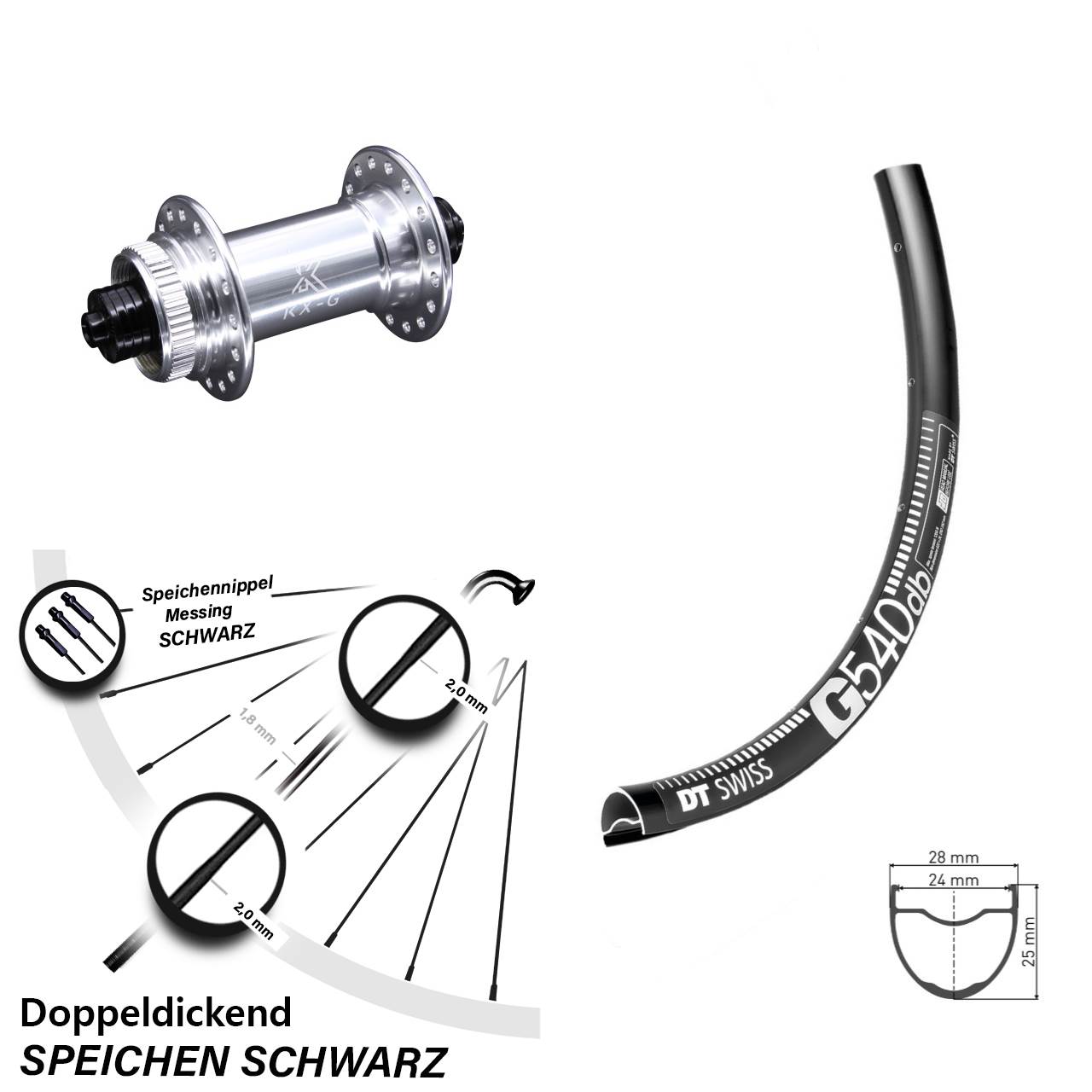 28-29 Zoll Vorderrad KX-G silbern Schnellspanner DT Swiss G 540 Centerlock Gravel