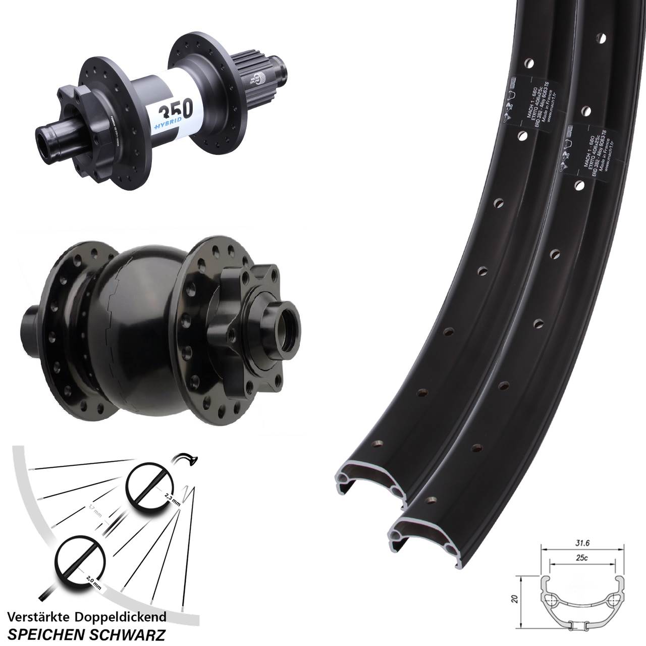 Disc Laufradsatz 20 Zoll Mach1 Kargo DT Swiss Hybrid 350 SON 28 Shimano Micro Spline Boost