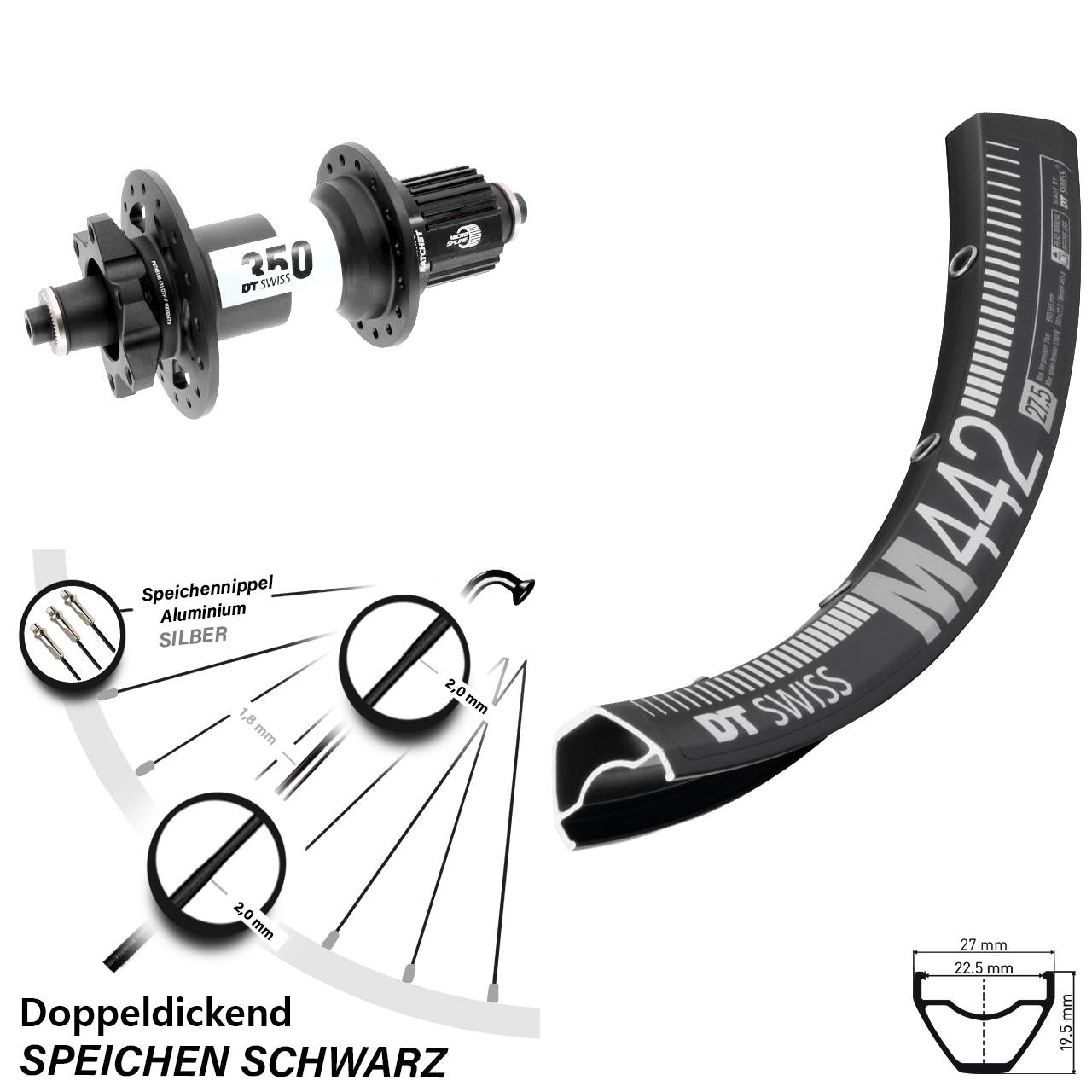 DT Swiss M 442 350 29 Zoll Hinterrad 6-Loch für Schnellspanner Boost Micro Spline