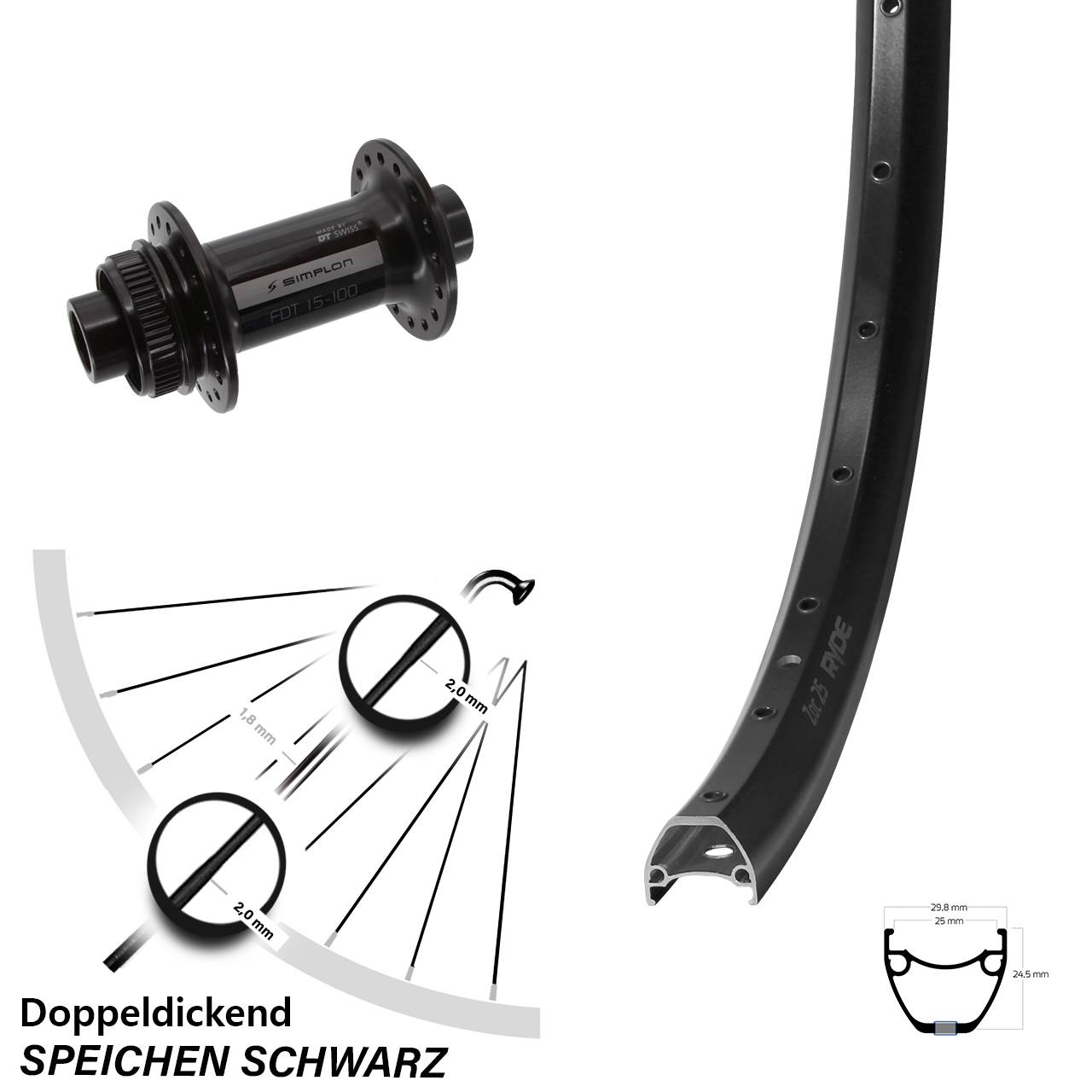 Vorderrad Centerlock 29 Zoll Ryde ZAC 25 DT Swiss 370 15x100