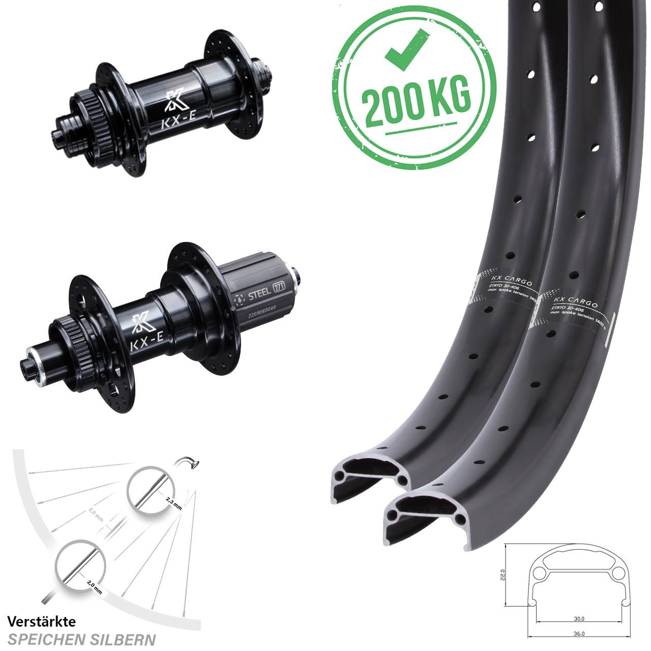 KX-E Cargo 20 Zoll Disc Laufrad-Satz für Schnellspanner 8-12 fach