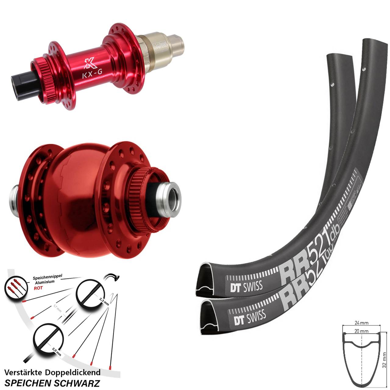 Disc Laufrad-Satz 28 Zoll DT Swiss RR 521 KX-G rot SON XDR 12x100/142