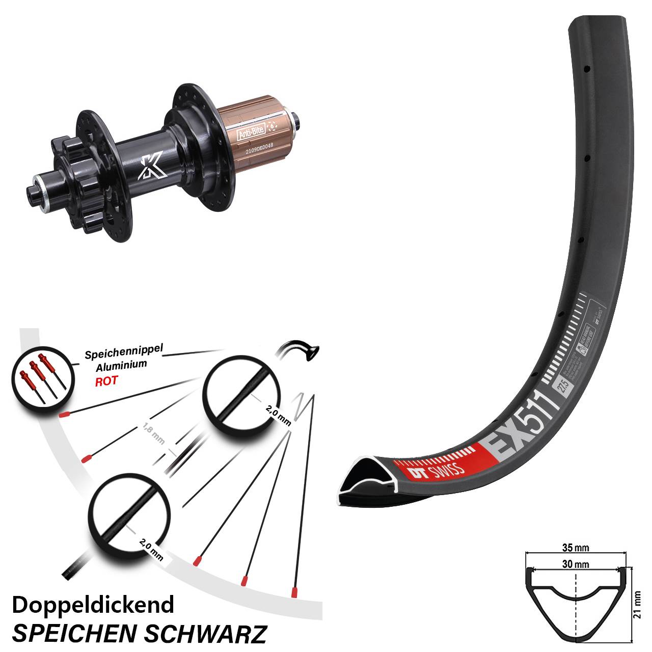 DT Swiss EX 511 Hinterrad 29 Zoll Schnellspanner KX-M HR 6-loch Nabe
