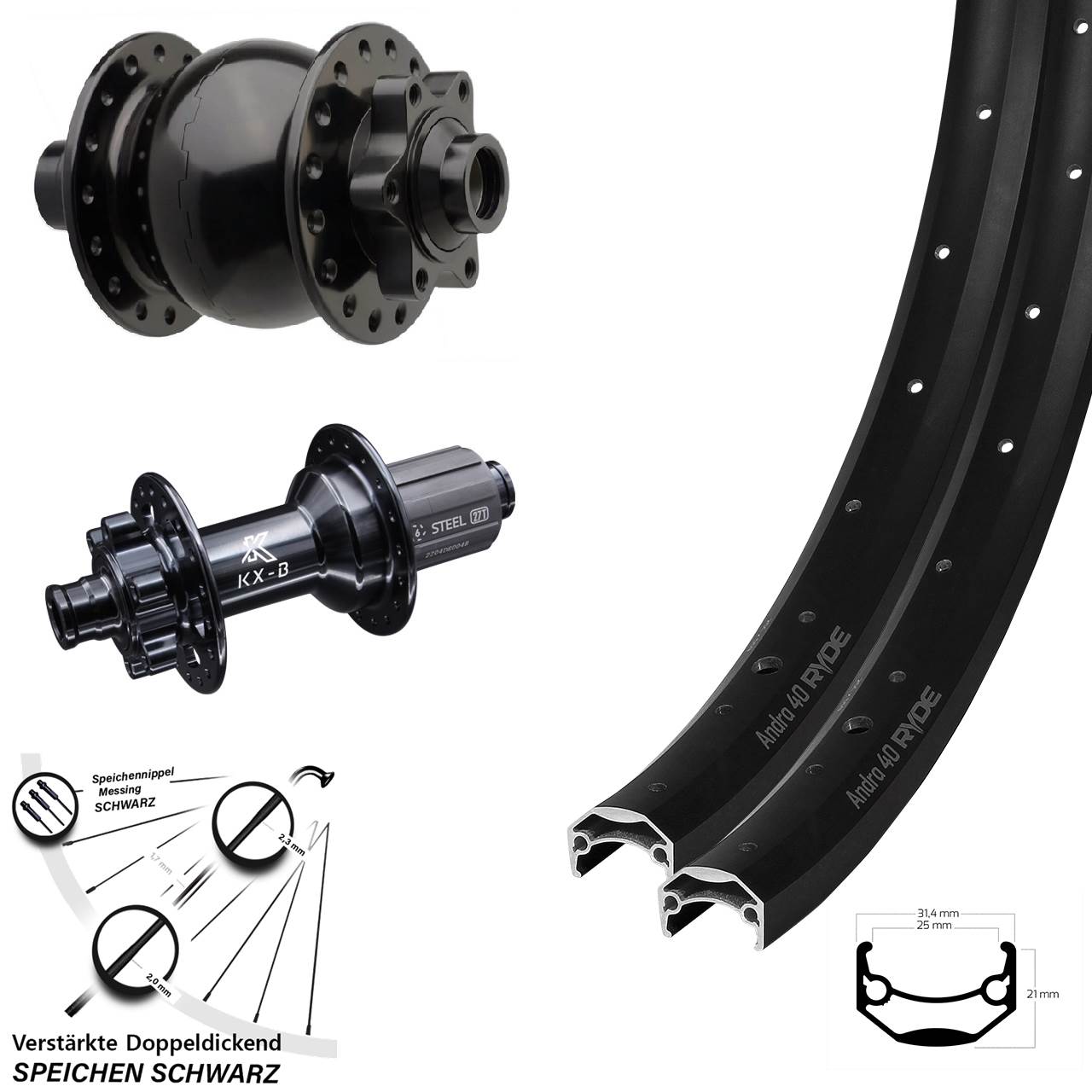 Laufradsatz 6-Loch 15x110 12x148 26 Zoll Ryde Andra 40 Disc KX-BS SON 28 8-12 fach HG