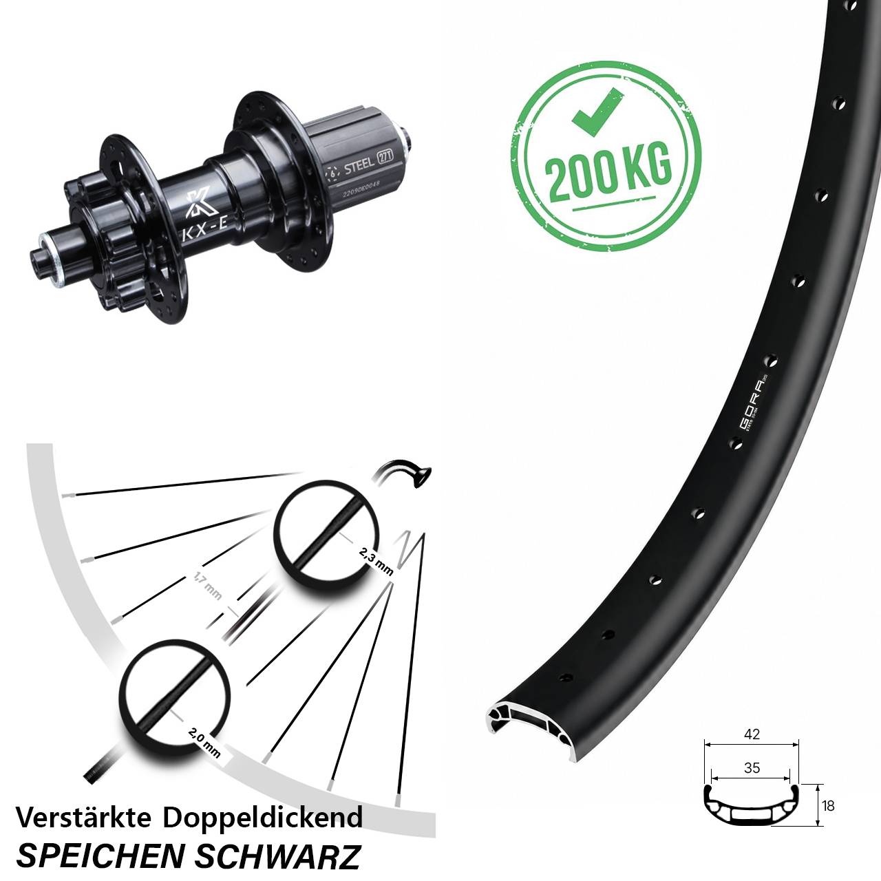 27,5 Zoll Gora 35 Heavy Duty KX-E 6-Loch Hinterrad für Schnellspanner 8-12 fach