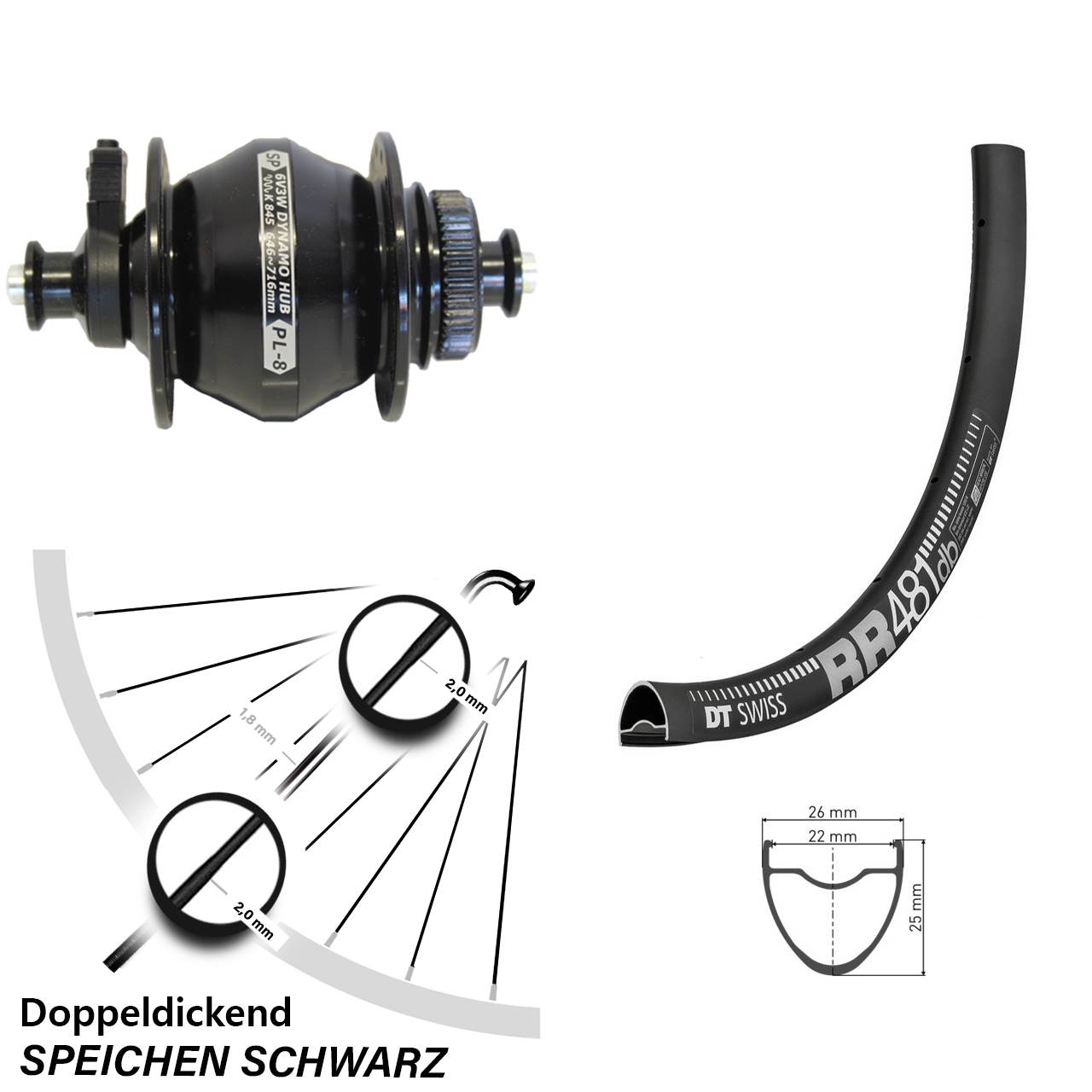 Centerlock Dynamo-Vorderrad QR 28 Zoll DT Swiss RR 481 Shutter PL-8