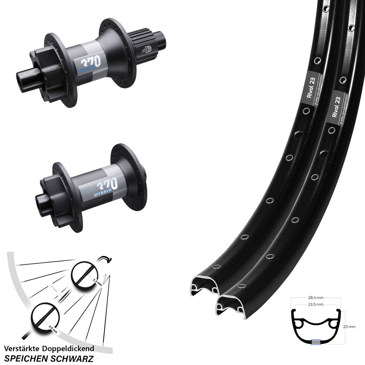 27,5 Zoll Ryde Rival 23 DT Swiss 370 Hybrid Boost 6-Loch Laufradsatz Boost Micro Spline