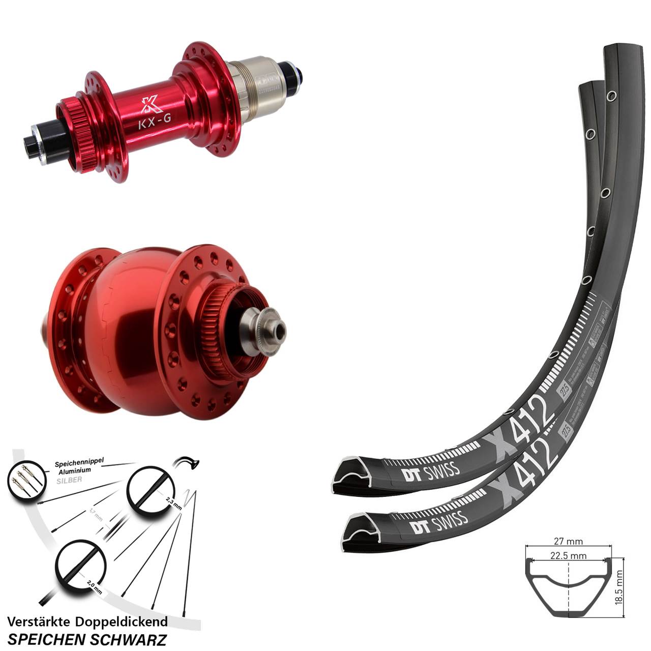 Disc Laufrad-Satz für Schnellspanner 29 Zoll DT Swiss X 412 KX-G rot SON delux SRAM XDR