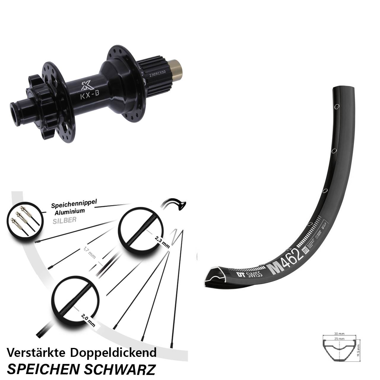 DT Swiss M 462 KX-B 27,5 Zoll Hinterrad 6-Loch 12x148 Boost Shimano Micro Spline
