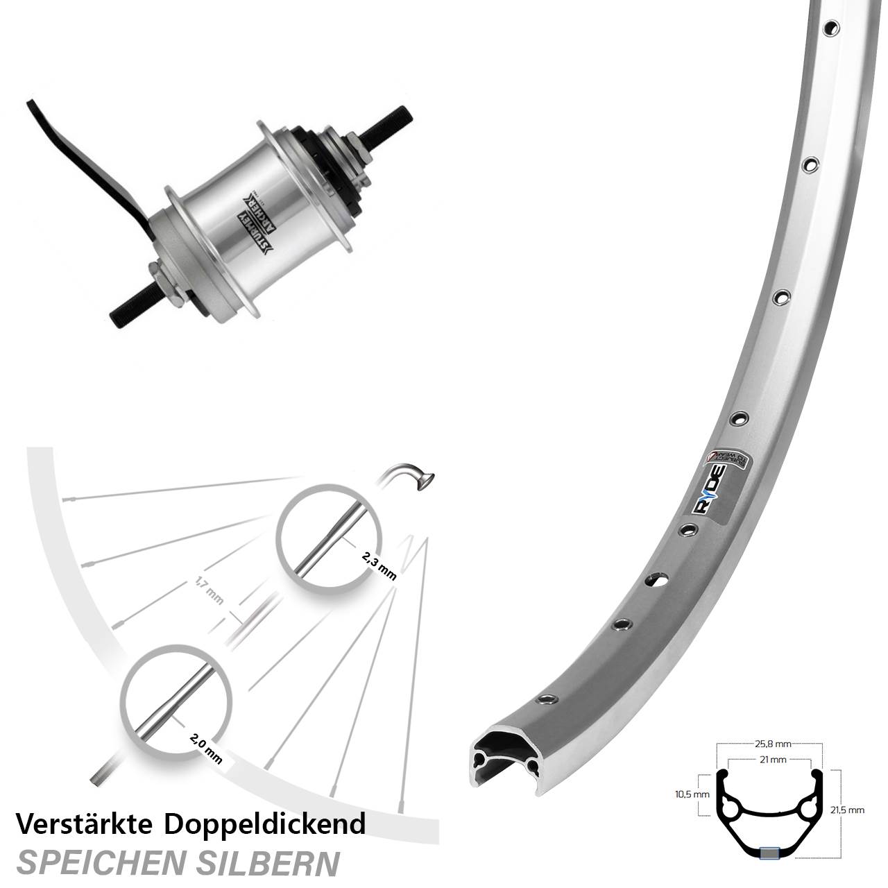 27,5 Zoll Hinterrad Sturmey Archer 3-Gang Rücktritt Ryde Zac 421 silbern
