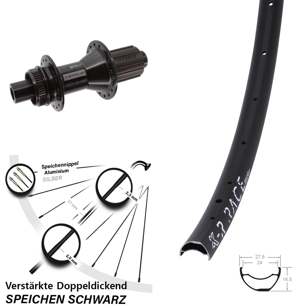 Disc Hinterrad 28 Zoll KX-R Race DT Swiss 370 Hybrid 8-11 fach HG 12x142