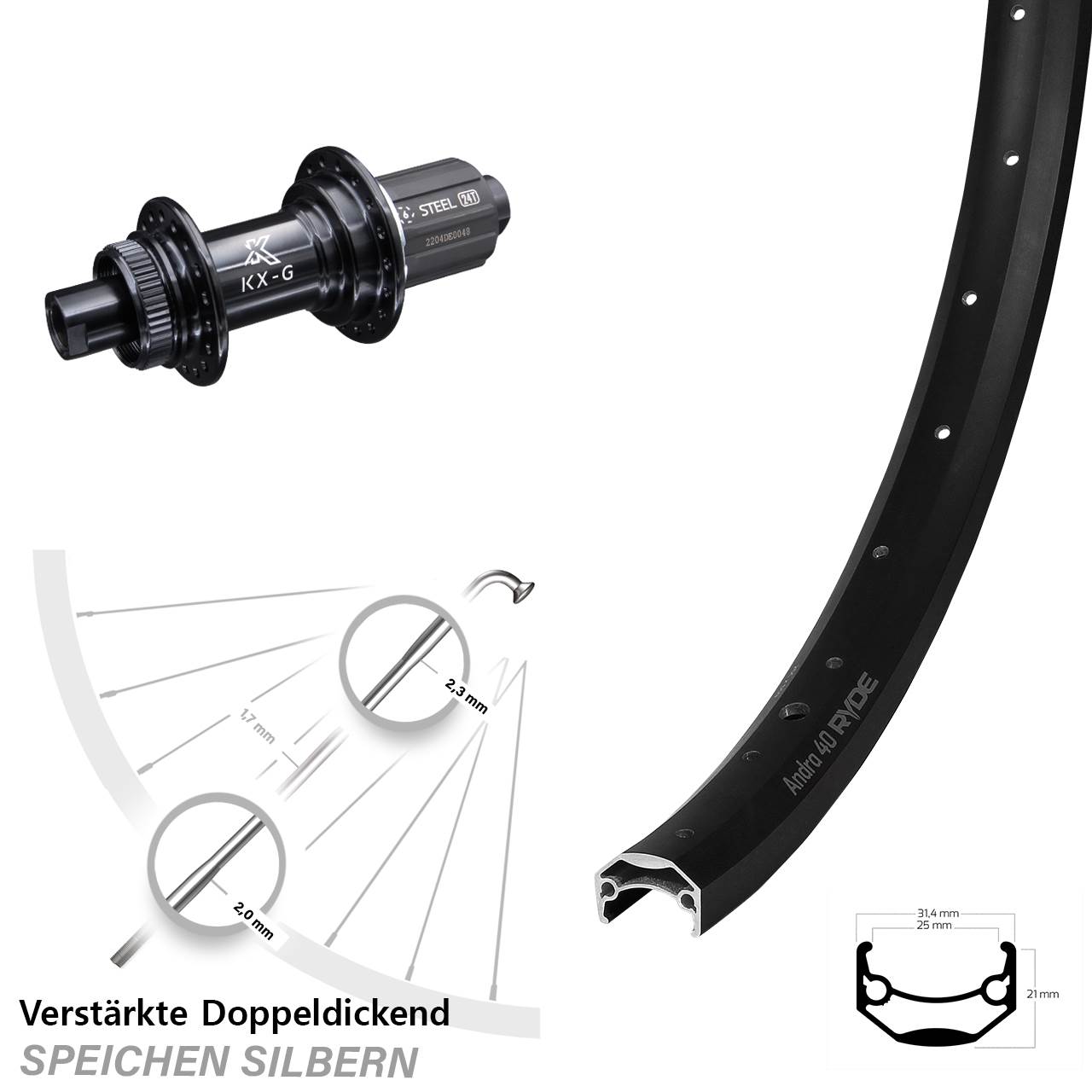 Disc Hinterrad 12x142 20 Zoll Ryde Andra 40 KX-GS Heavy Duty 8-12 fach HG