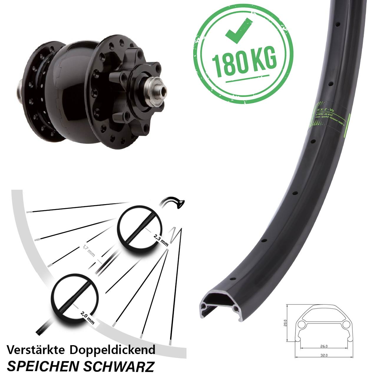 Nabendynamo SON 6-Loch KX Evo Vorderrad 20 Zoll verstärkt