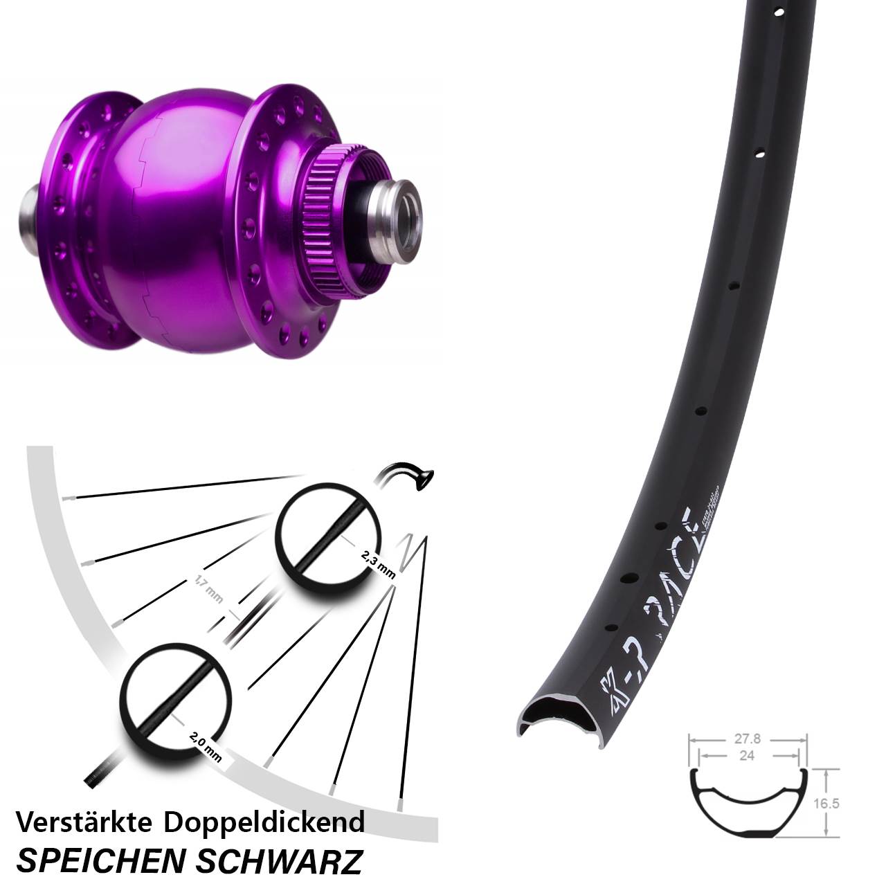 28-29 Zoll SON 28 violett KX-R Race Zoll Disc Vorderrad mit Nabendynamo 12x100