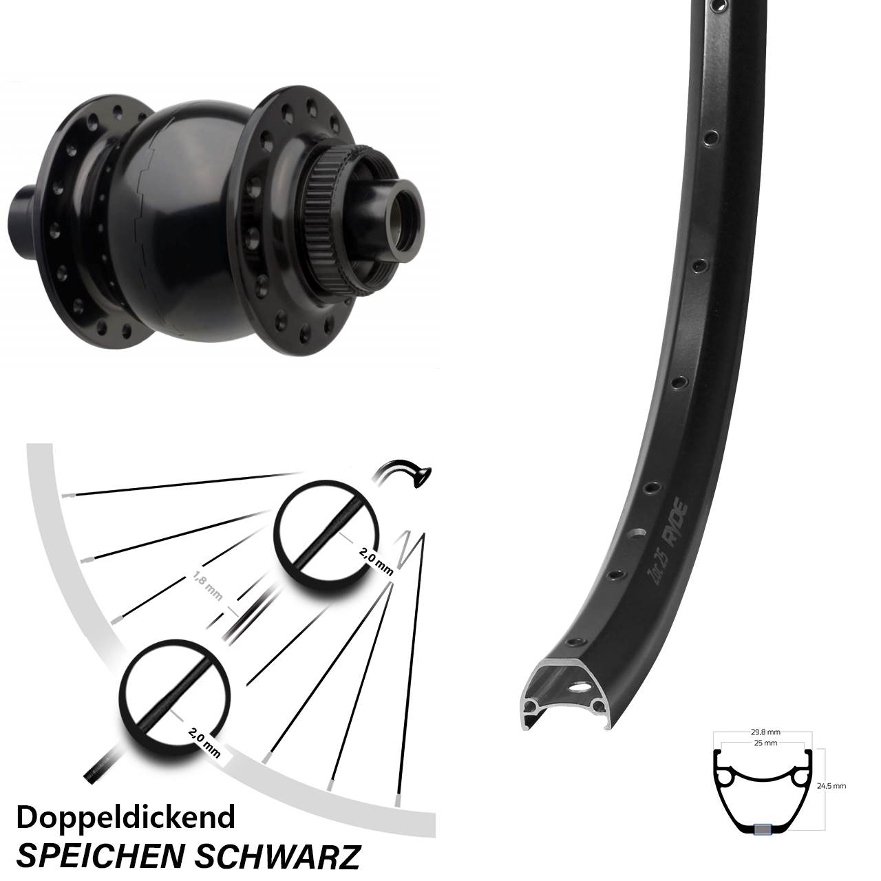 28-29 Zoll Ryde ZAC 25 SON 28 Disc Nabendynamolaufrad 15x110 Boost