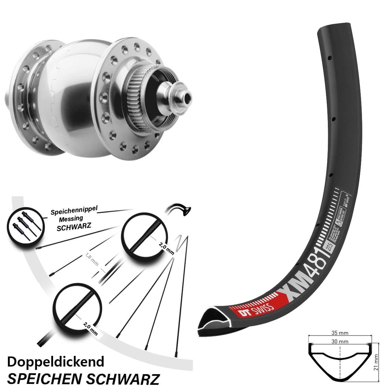 Disc Nabendynamovorderrad 27,5 Zoll DT Swiss XM481 SON 28 für Schnellspanner