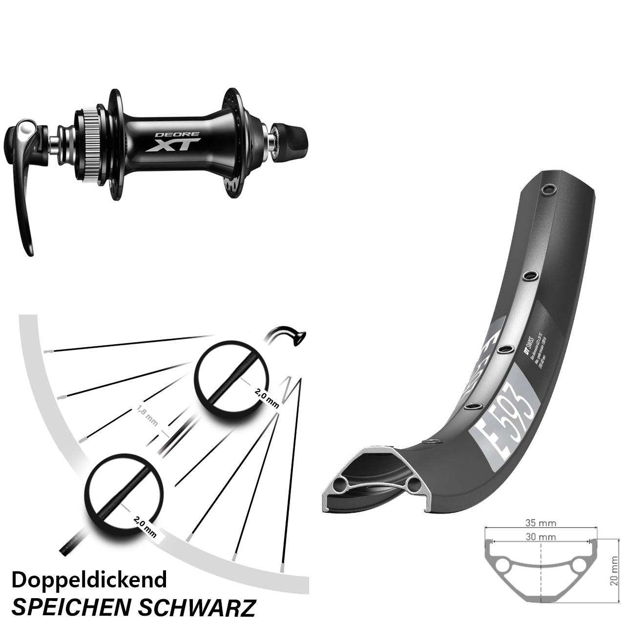 Disc Vorderrad 29 Zoll DT Swiss E593 Shimano HB-M8000 für Schnellspanner