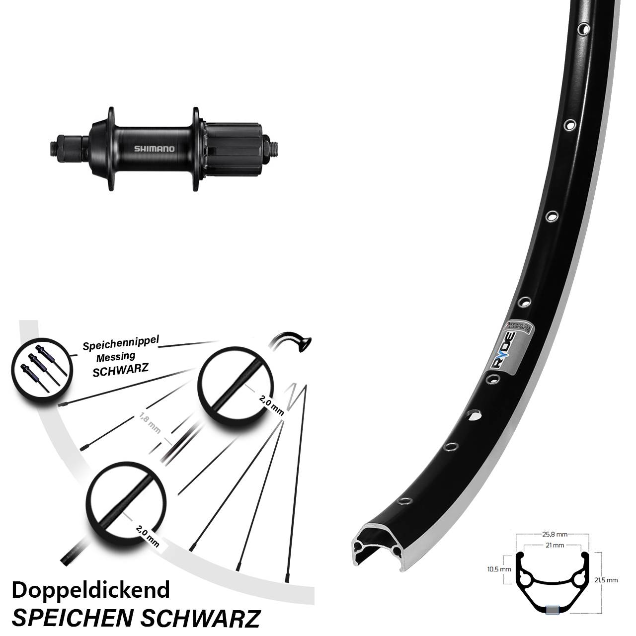 Laufrad 27,5 Zoll Ryde ZAC 421 schwarz Shimano FH-TY500 7 fach