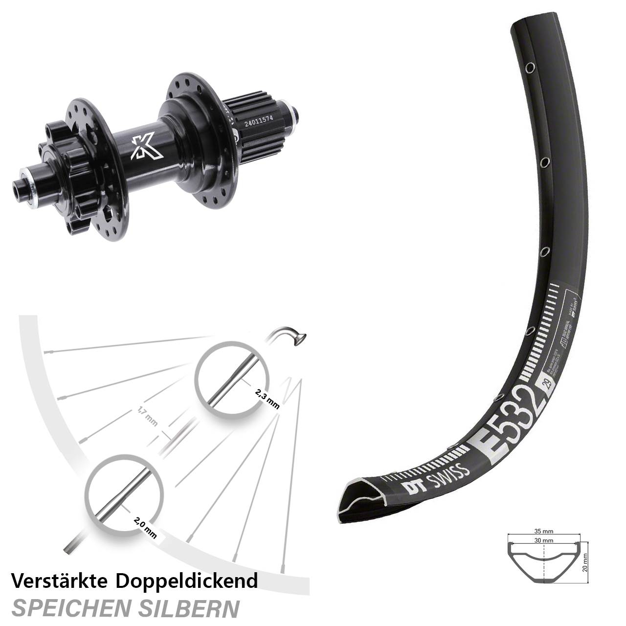DT Swiss E 532 KX-M 29 Zoll Hinterrad 6-Loch QR Shimano Micro Spline