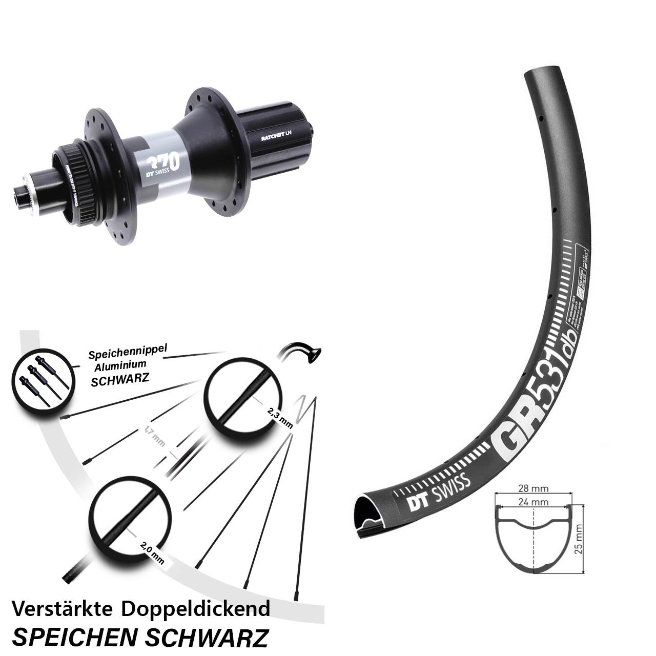 DT Swiss GR531-370 28 Zoll Hinterrad Centerlock für Schnellspanner 8-12 fach HG