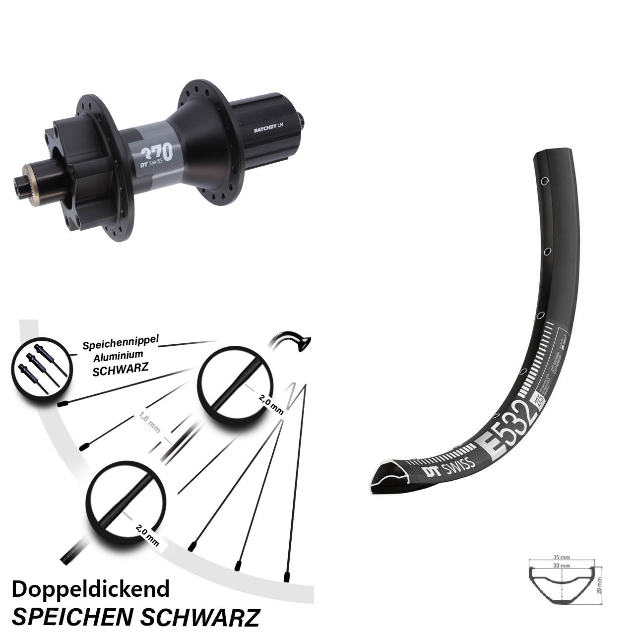 29 Zoll DT Swiss E532-370 Disc Laufrad für Schnellspanner 8-11 fach