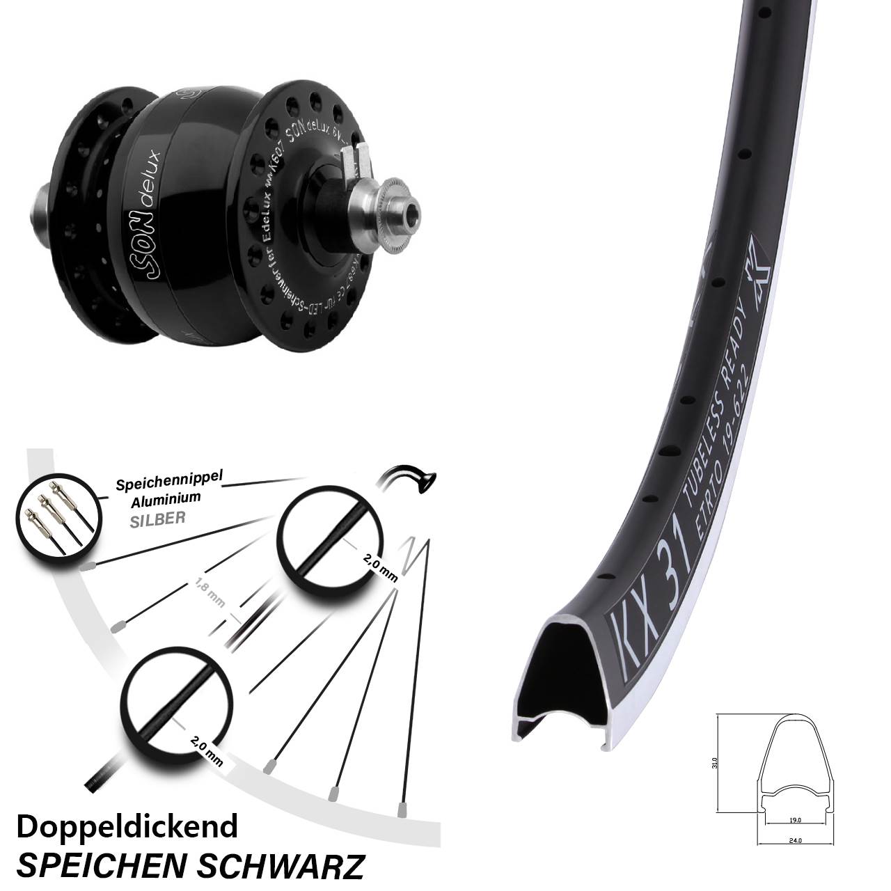 28 Zoll KX 31 SON delux Vorderrad schwarz Felgenbremse