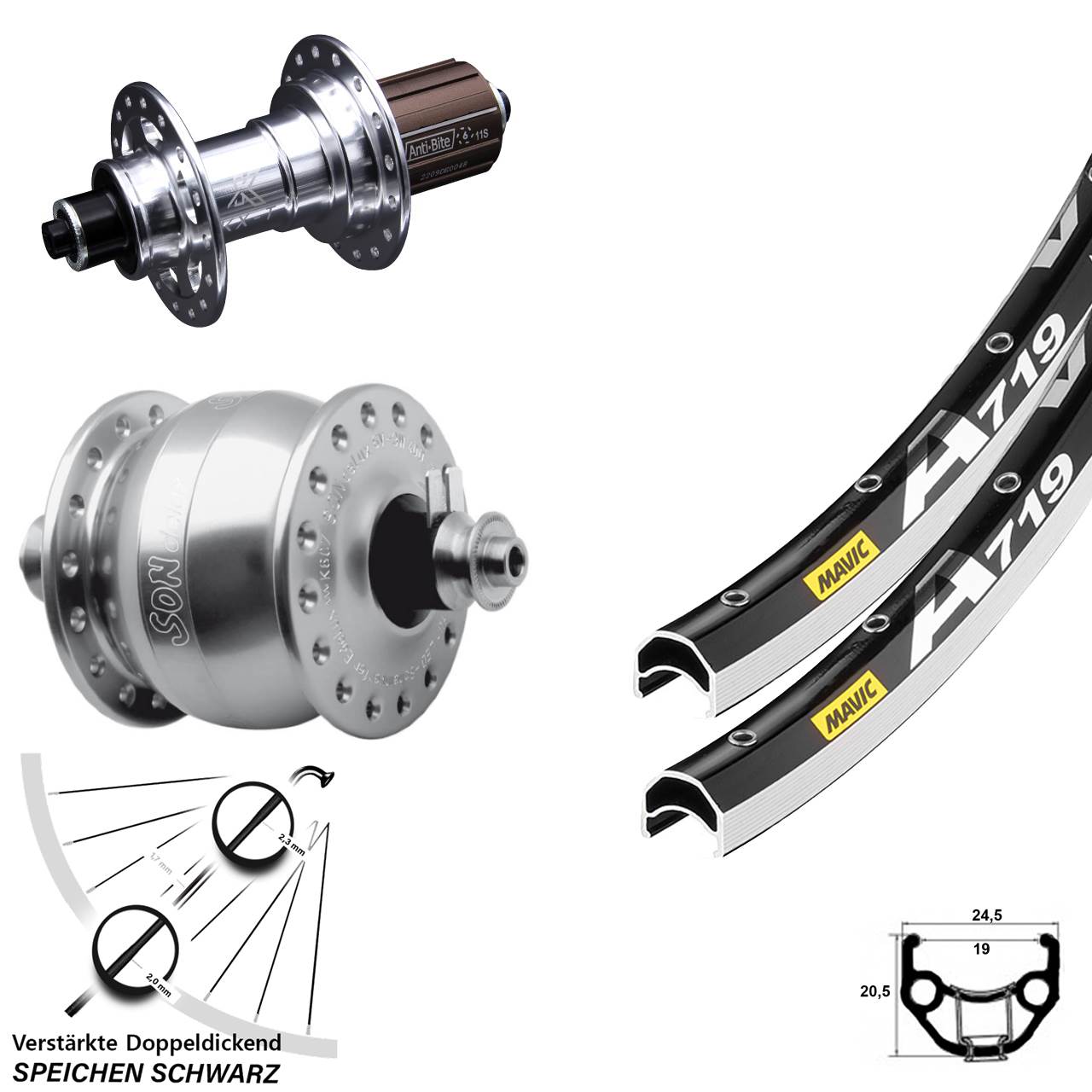 Laufrad-Satz für Schnellspanner 28 Zoll Mavic A 719 KX-T SON delux 8-12 fach HG