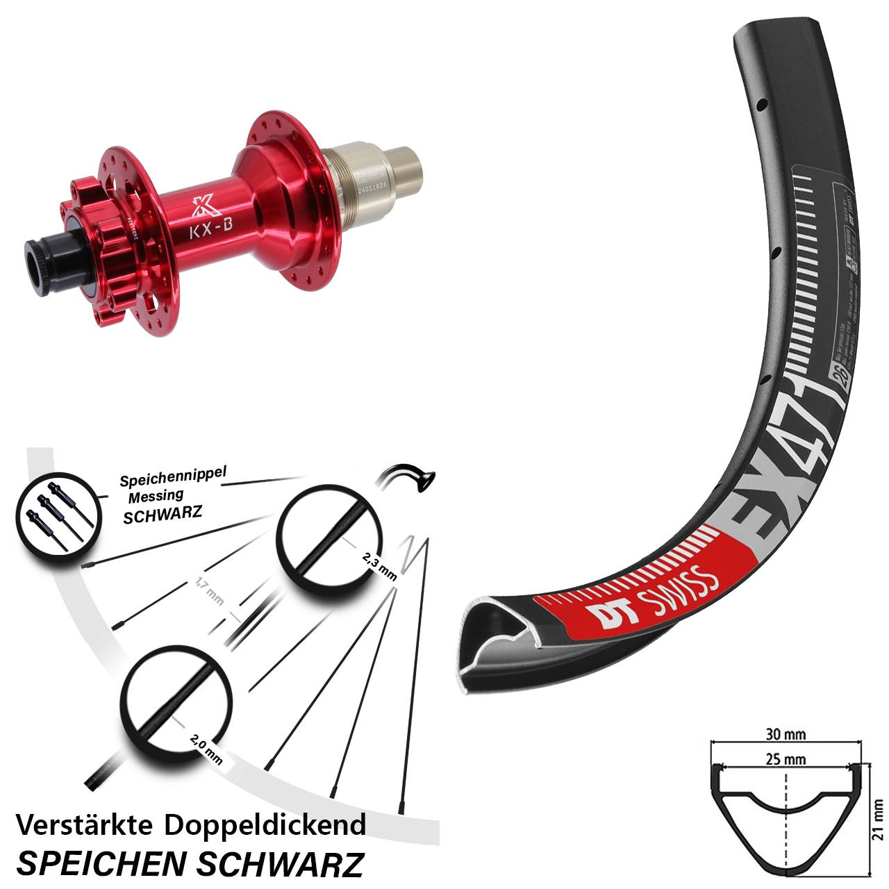 DT Swiss EX471 KX-B rot 27,5 Zoll 6-Loch Hinterrad 12x148 Boost SRAM XD