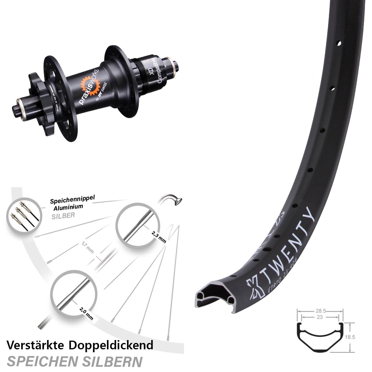 20 Zoll KX Twenty DT Swiss 350 6-Loch Hinterrad für Schnellspanner SRAM XD