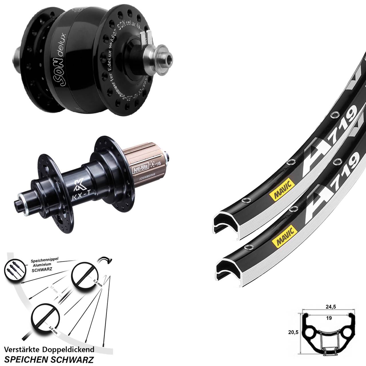 Laufradsatz für Schnellspanner 28 Zoll Mavic A 719 KX-T SONdelux 8-12 fach HG