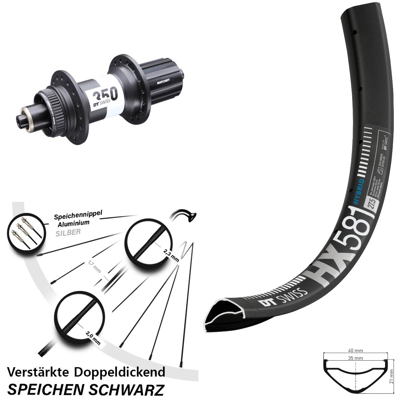 DT Swiss HX 581 DT Swiss 350 27,5 Zoll Disc Hinterrad für Schnellspanner 8-11 fach HG