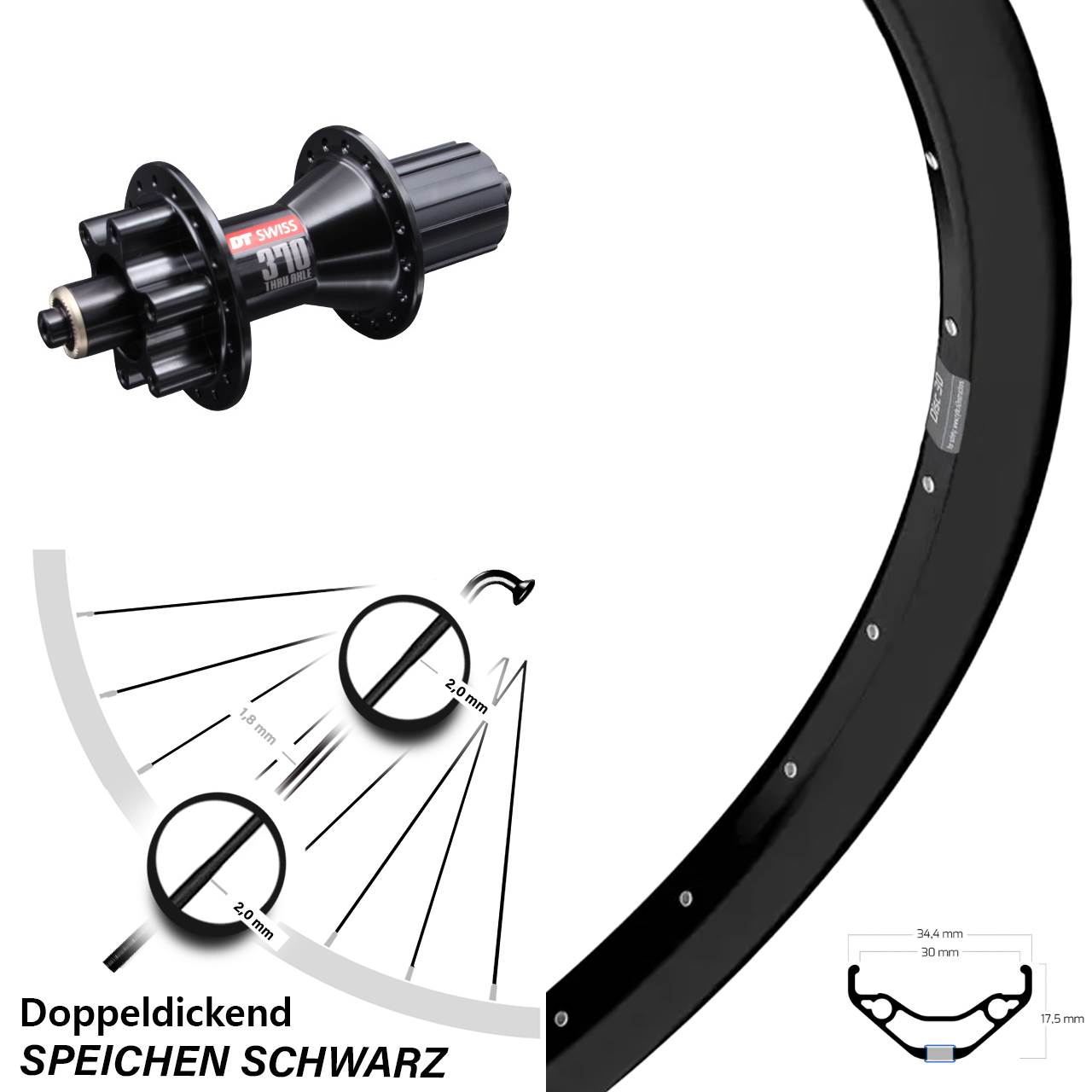 6-Loch Hinterrad für Schnellspanner 29 Zoll Ryde Disc 30 DT Swiss 370 Hybrid 8-11 fach